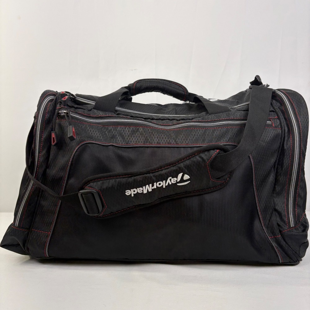 TaylorMade Black Golf Duffel Bag Red Stitching Travel Gym Sports Carryall